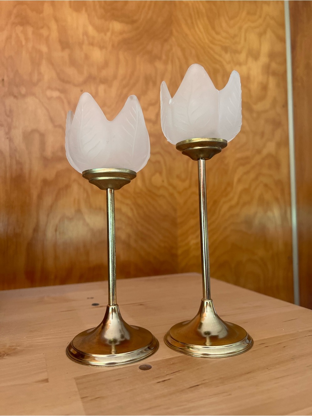 Brass Tulip Candle Holders with Frosted White Glass Shades - Pair